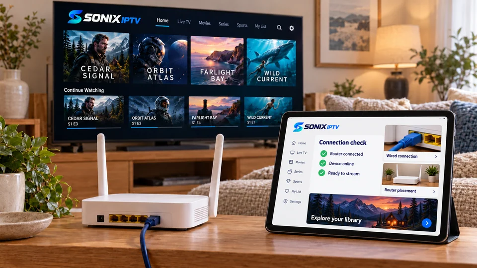 A home router and tablet showing a completed network connection check.