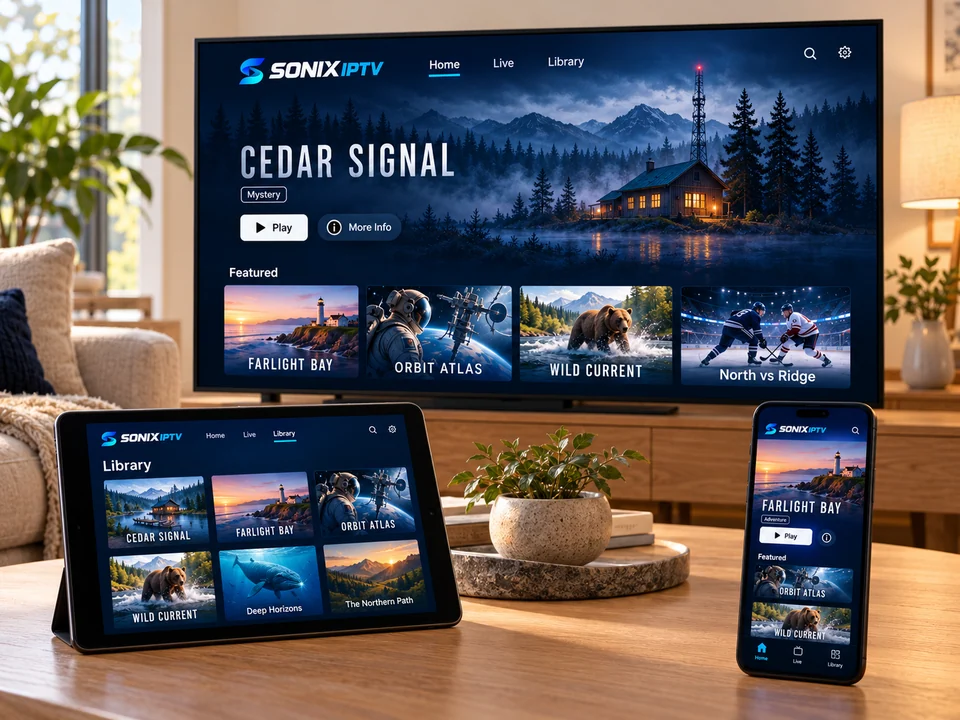 A television, tablet and phone displaying coordinated Sonix entertainment screens.