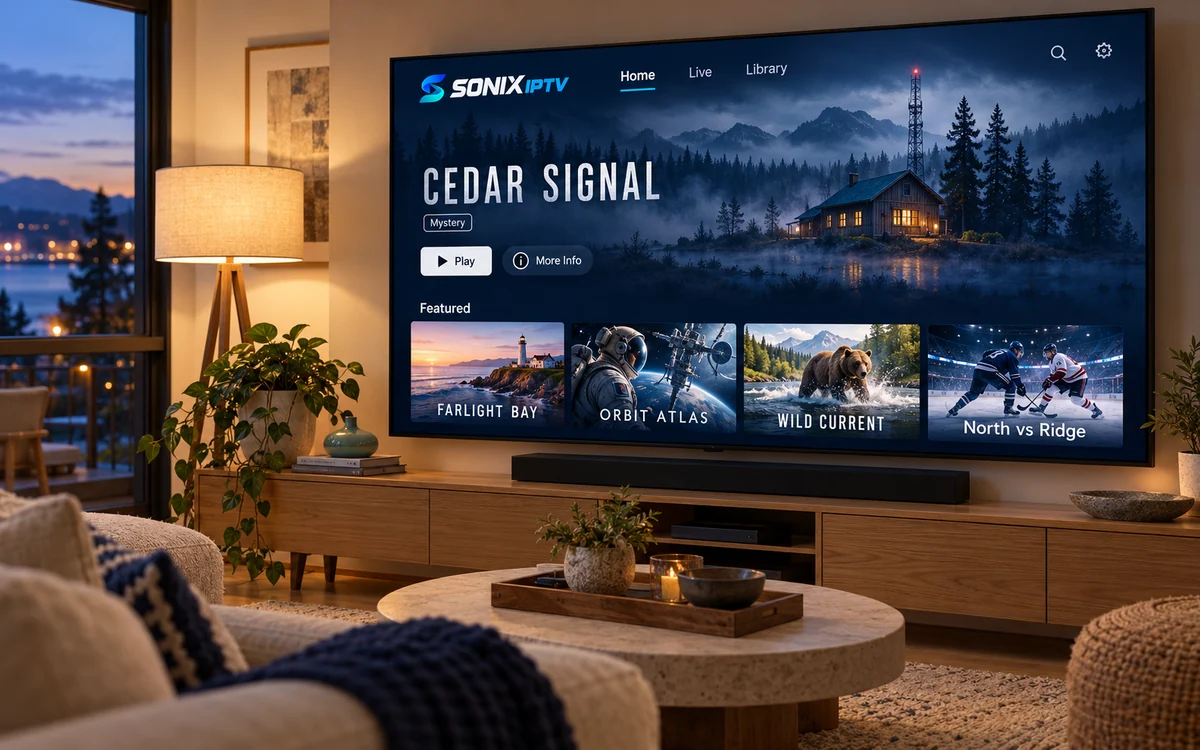 Sonix IPTV entertainment library on a television in a warm modern living room.
