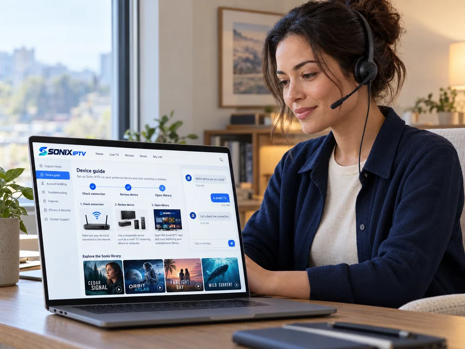 A support adviser at a laptop with a populated device troubleshooting guide.
