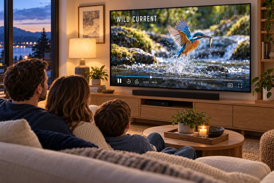A family relaxing together while a television displays a fictional nature program.