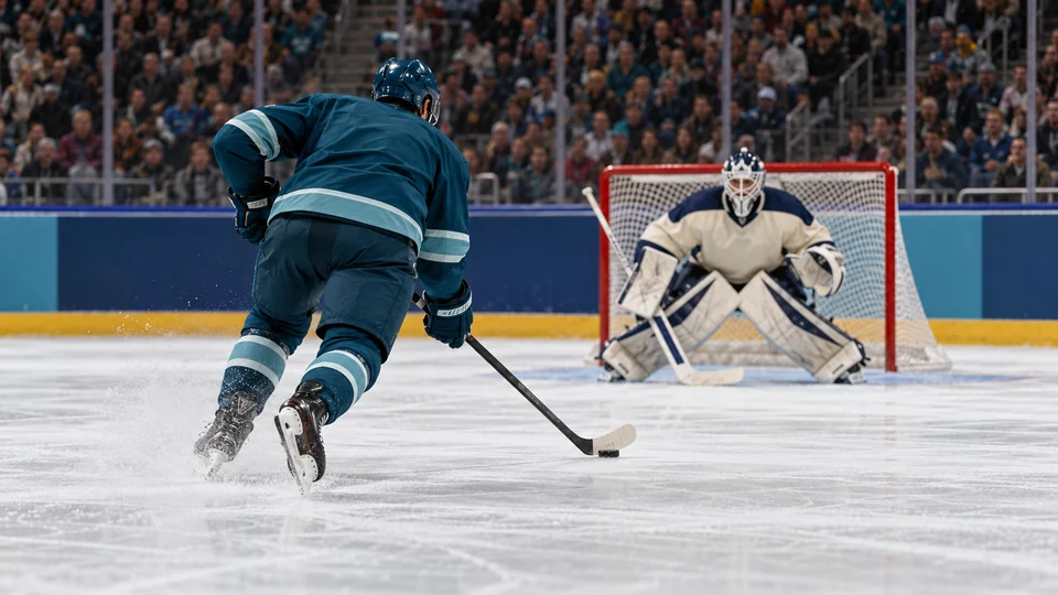 An ice hockey forward in teal approaches the net during an unbranded game.