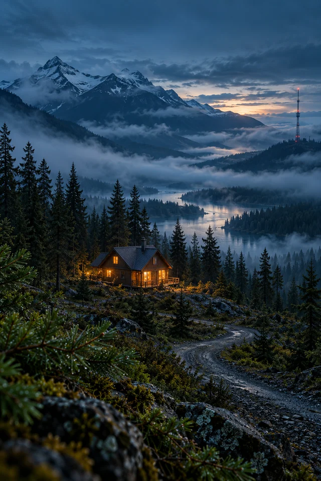 A remote cabin beneath a radio tower in a misty evergreen valley.