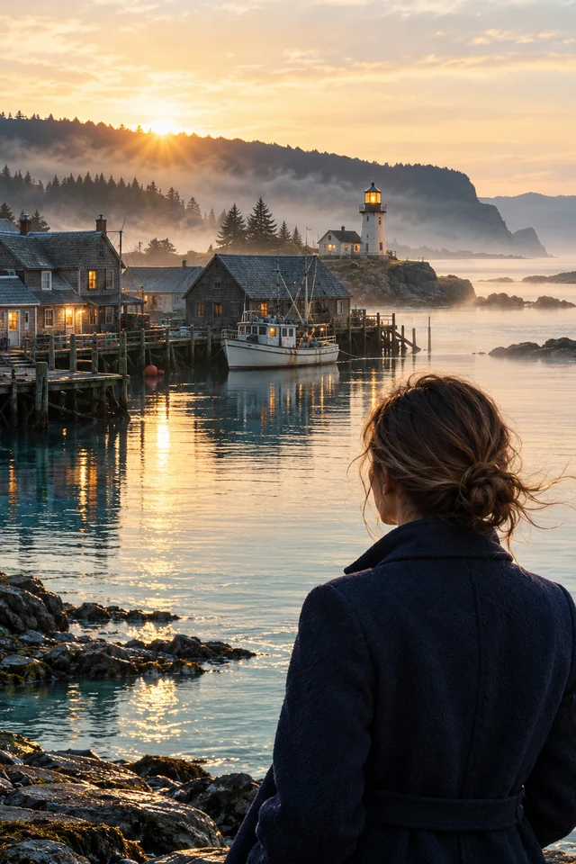 A woman in a navy coat looks across a quiet coastal harbor at sunrise.