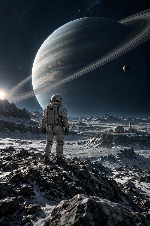 A lone explorer surveys a rugged moon beneath a distant ringed planet.