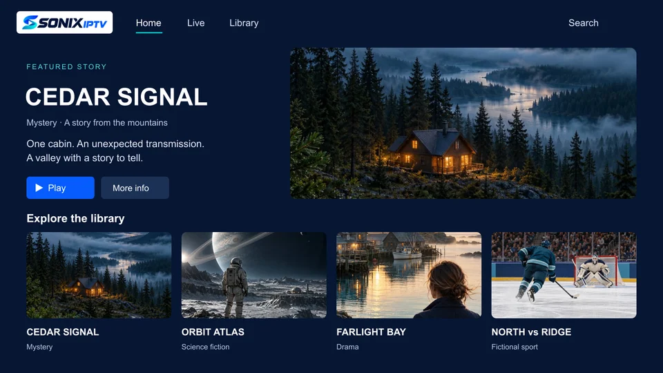 A Sonix library interface with original mystery, science fiction, drama and sport artwork.